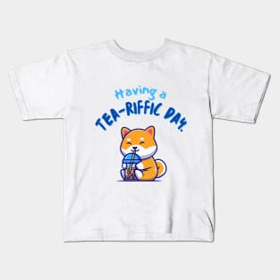 Shiba Drinking Boba Having a Tea-riffic Day Kids T-Shirt
